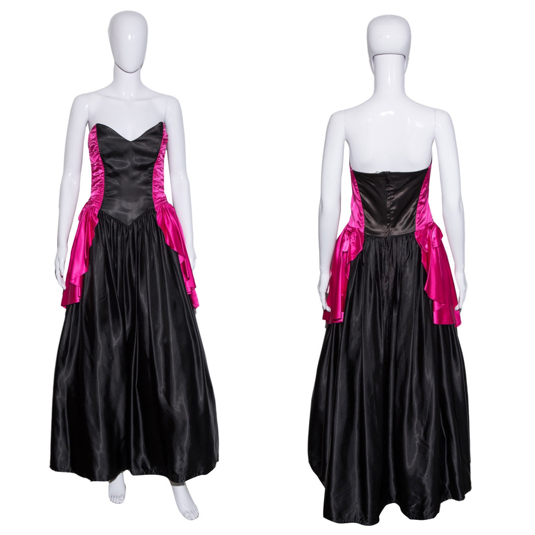 1980's Pink and Black Strapless Satin Gunne Sax Gown - Size M