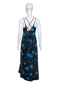 1990's Blue and Black Floral Maxi Dress L