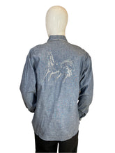 Load image into Gallery viewer, 1980&#39;s Chambray  &amp; Silver Western Horse Shirt Size L
