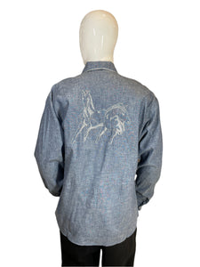 1980's Chambray  & Silver Western Horse Shirt Size L