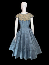 Load image into Gallery viewer, A blue tiered dress with a lace yoke and cap sleeves, displayed on a white mannequin 
