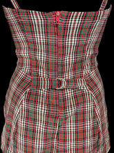 Load image into Gallery viewer, A back view of a brown, red, green, and beige plaid bathingsuit with a metal zipper displayed on a white mannequin. 
