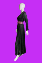 Load image into Gallery viewer, 1970s Miss Rubette Black Ribbed Maxi Dress with Metallic Pink Belt – Size S
