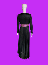 Load image into Gallery viewer, 1970s Miss Rubette Black Ribbed Maxi Dress with Metallic Pink Belt – Size S
