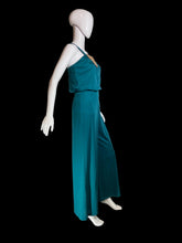 Load image into Gallery viewer, Algo teal macrame bust jumpsuit on a mannequin.
