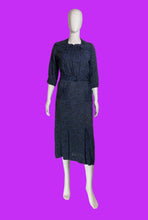 Load image into Gallery viewer, 1930s Blue and Black Abstract Floral Dress with Belt – Size M
