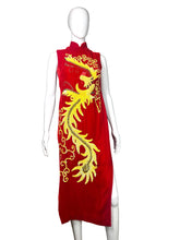 Load image into Gallery viewer, Red velvet dress with yellow Phoenix design on a mannequin against a neutral background
