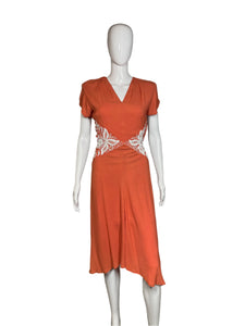 1940's Beaded Coral Rayon Dress Size S