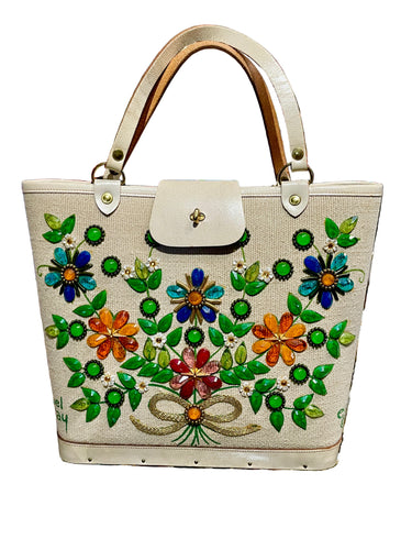 Decorative handbag with jeweled floral patterns .