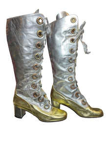 Metallic silver and gold boots with decorative grommets