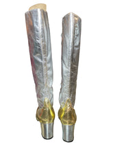 Load image into Gallery viewer, Back view of silver and gold knee high boots
