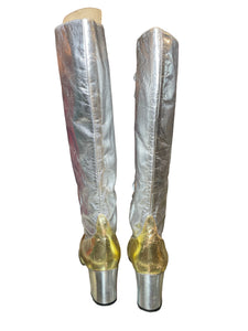 Back view of silver and gold knee high boots