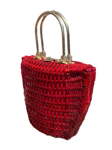 Red woven handbag with gold accents 