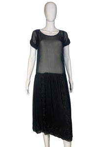 1920's Black Beaded Chiffon Evening Dress Size M/L