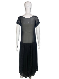 1920's Black Beaded Chiffon Evening Dress Size M/L