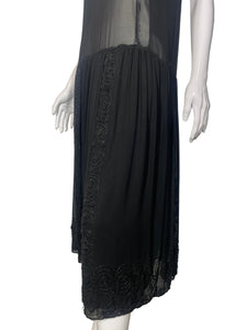 1920's Black Beaded Chiffon Evening Dress Size M/L