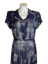 Load image into Gallery viewer, 1940&#39;s Navy Blue Sheer Floral Day Dress Size S/M
