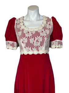 1970's Red Velvet and Lace Dress Size S