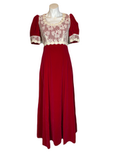 Load image into Gallery viewer, 1970&#39;s Red Velvet and Lace Dress Size S
