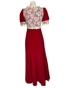 1970's Red Velvet and Lace Dress Size S