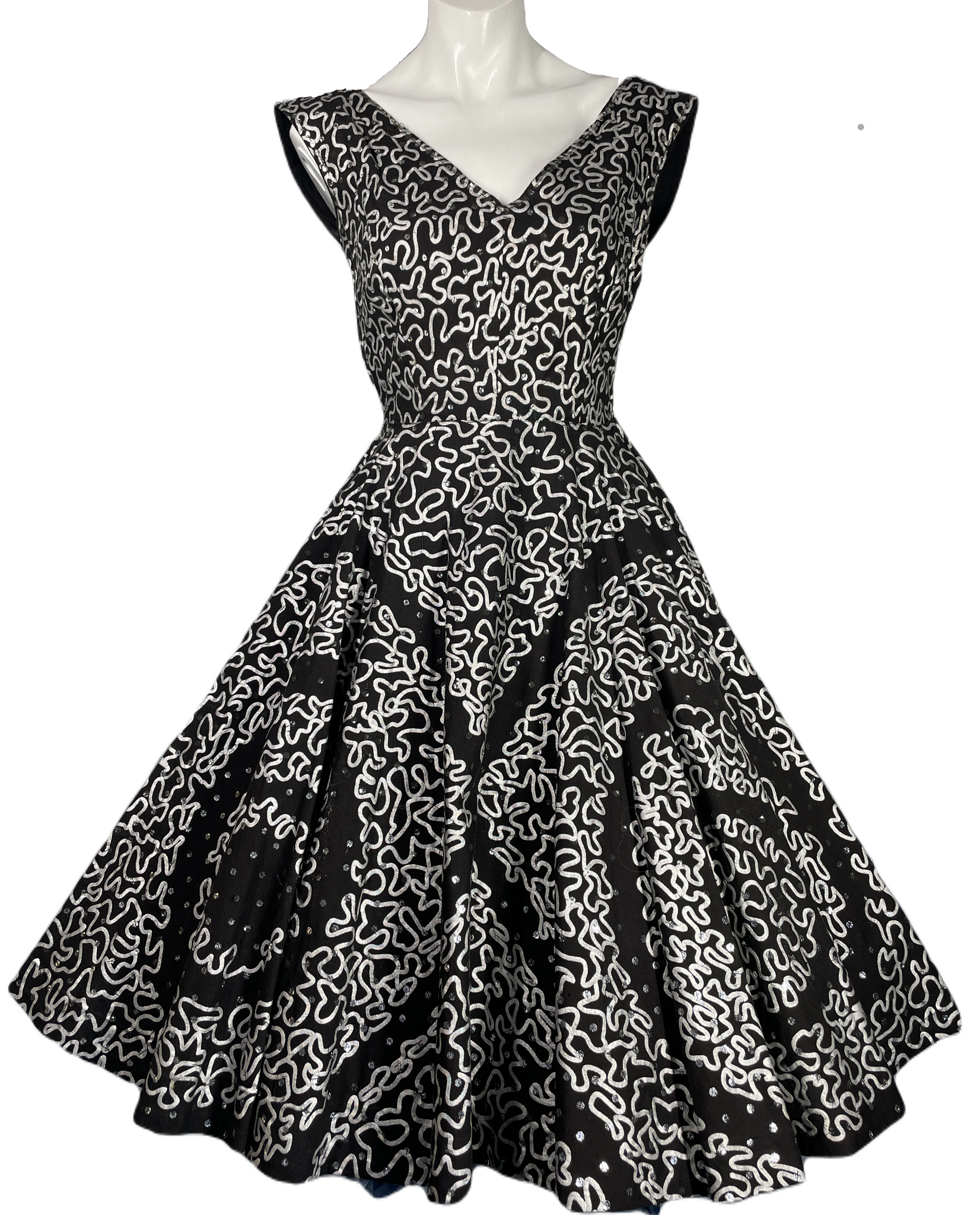 1950's Black and Silver Painted Mexican Party Dress Size S Antique Sugar 1950's Black and Silver Painted Mexican Party Dress Size S Antique Sugar