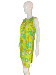 1960’s Green Floral Line Drawing Shift Dress Size M/L