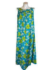 1960's Aqua and Lime Plumeria Print Maxi Dress Size L/XL