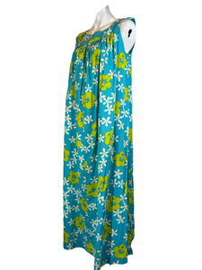1960's Aqua and Lime Plumeria Print Maxi Dress Size L/XL