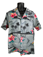 Load image into Gallery viewer, 1980&#39;s Gray Hibiscus and Rainbow Print Hawaiian Shirt Size L/XL
