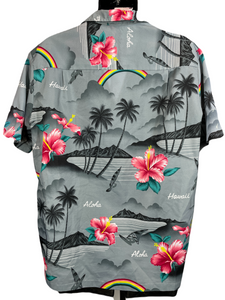 1980's Gray Hibiscus and Rainbow Print Hawaiian Shirt Size L/XL
