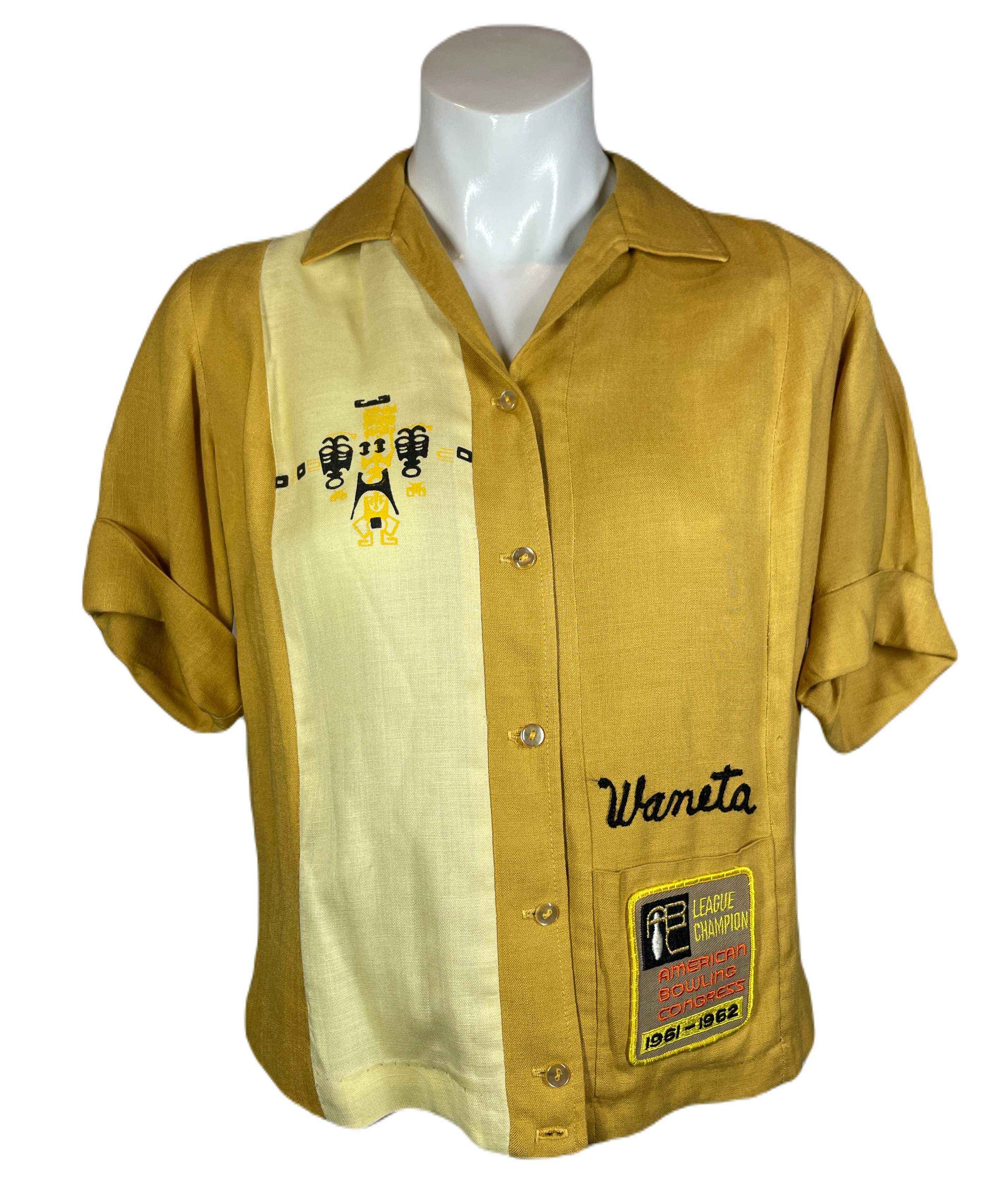 1961 Mustard Rayon Ladies Bowling Shirt Size S/M – Antique Sugar