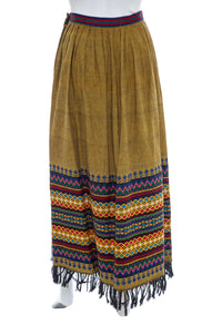 1970's Alycia Jeanne Wood Brown Embroidered Hippie Skirt Size S