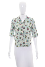 Load image into Gallery viewer, 1960&#39;s Shirley of Atlanta White and Blue Printed Blouse Size S
