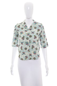 1960's Shirley of Atlanta White and Blue Printed Blouse Size S