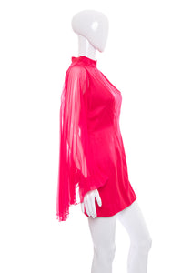 1960's Claralura Pink Chiffon Angel Sleeves Mini Dress Size S