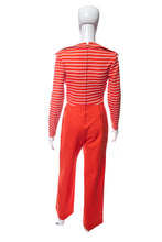 Load image into Gallery viewer, 1970&#39;s Orange and White Long Sleeve Tie Detail Jumpsuit Size S

