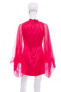 1960's Claralura Pink Chiffon Angel Sleeves Mini Dress Size S