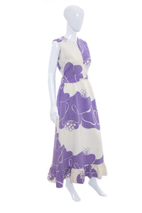 1960's Malia Purple and White Sleeveless Abstract Print Tiki Dress Size L