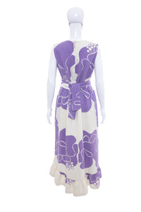 1960's Malia Purple and White Sleeveless Abstract Print Tiki Dress Size L