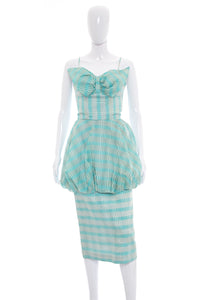 1950's Lilli Diamond Aqua and White Plaid Peplum Cocktail Dress Size s