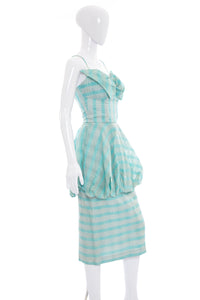 1950's Lilli Diamond Aqua and White Plaid Peplum Cocktail Dress Size s