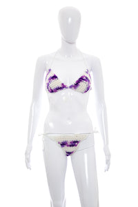 1970's Purple and White Crocheted Bikini Size XS