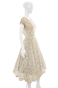 1950's Cream and Blue Polka Dot Day Dress Size S