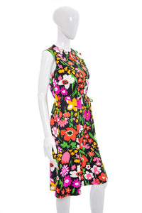 1960's Miss Elaine Black and Multicolor Floral Print Tiki Dress Size L