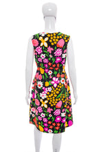 Load image into Gallery viewer, 1960&#39;s Miss Elaine Black and Multicolor Floral Print Tiki Dress Size L
