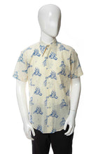 Load image into Gallery viewer, 1970&#39;s Fruit of the Loom Cream and Blue Elvis Printed Button Down Shirt Size L
