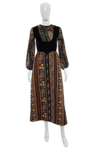 1970's Gay Gibson Black Paisley Printed Hippie Dress Size