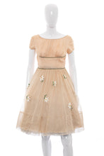 Load image into Gallery viewer, 1950&#39;s Tan Daisy Embroidered Organza Party Dress Size S
