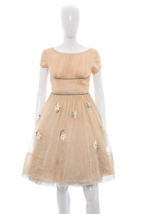 1950's Tan Daisy Embroidered Organza Party Dress Size S