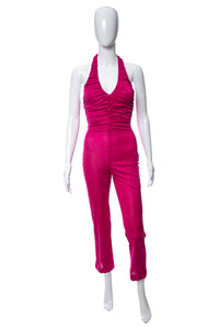 1980's New Leaf Magenta Halter Style Ruched Jumpsuit Size XS